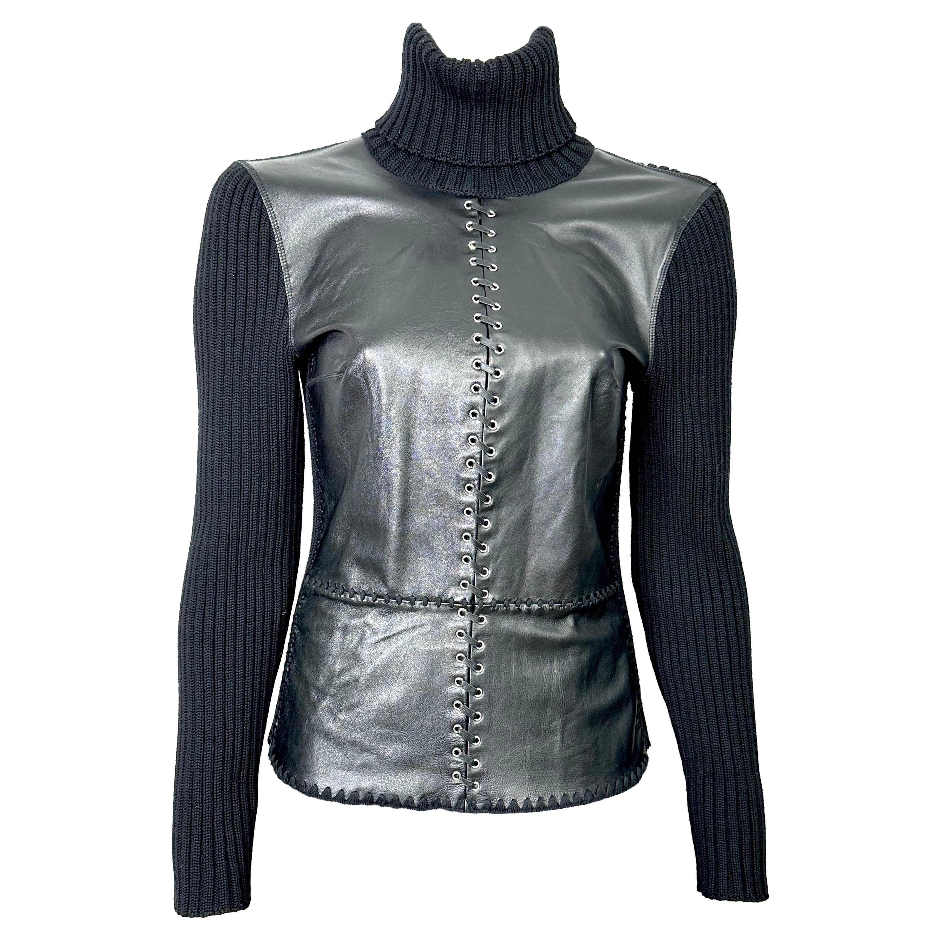 2000's Paco Rabanne wool and leather rollneck For Sale