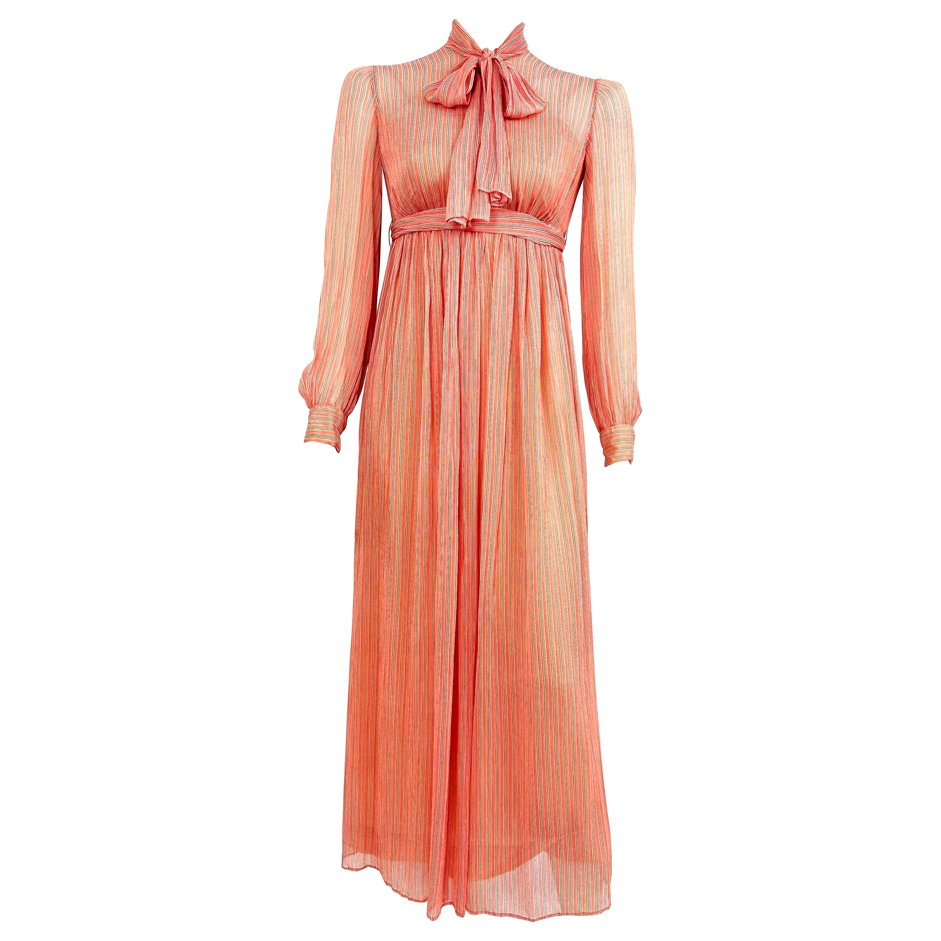 Vintage 1970´s Jean Patou long chiffon stripes silk dress For Sale