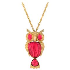 JULIANA Delizza & Elster c.1970's Large Gold Pink Cabochon Owl Pendant Necklace 11
