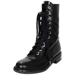 Chanel Black Leather Lace Up Combat Boots sz 40