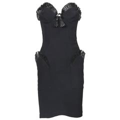 Iconic Thierry Mugler Black Structured Strapless Cocktail Dress w/Raffia Trim
