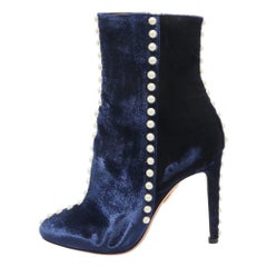 Aquazzura Blue Velvet Follie Pearls Ankle Boots Size 36