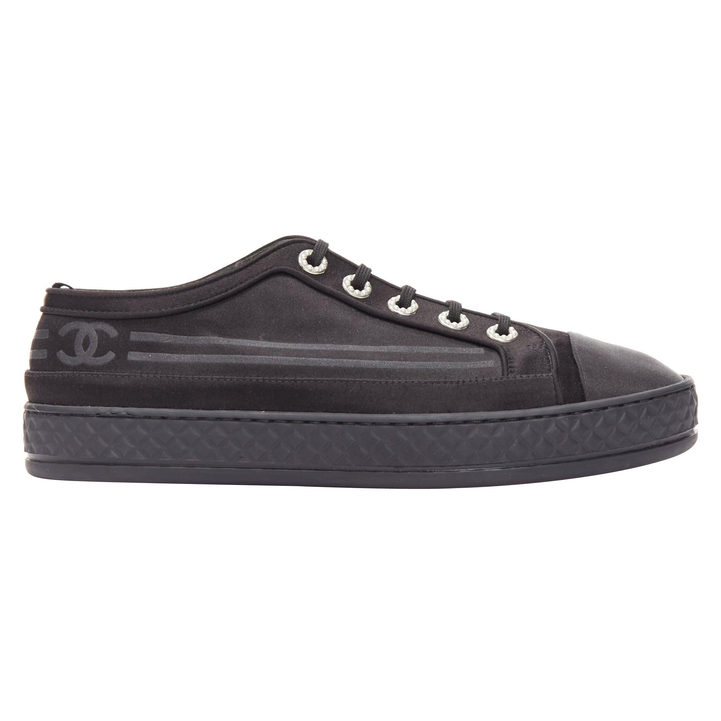 CHANEL black satin CC logo silver pearl grommet laced low top sneaker EU38 For Sale