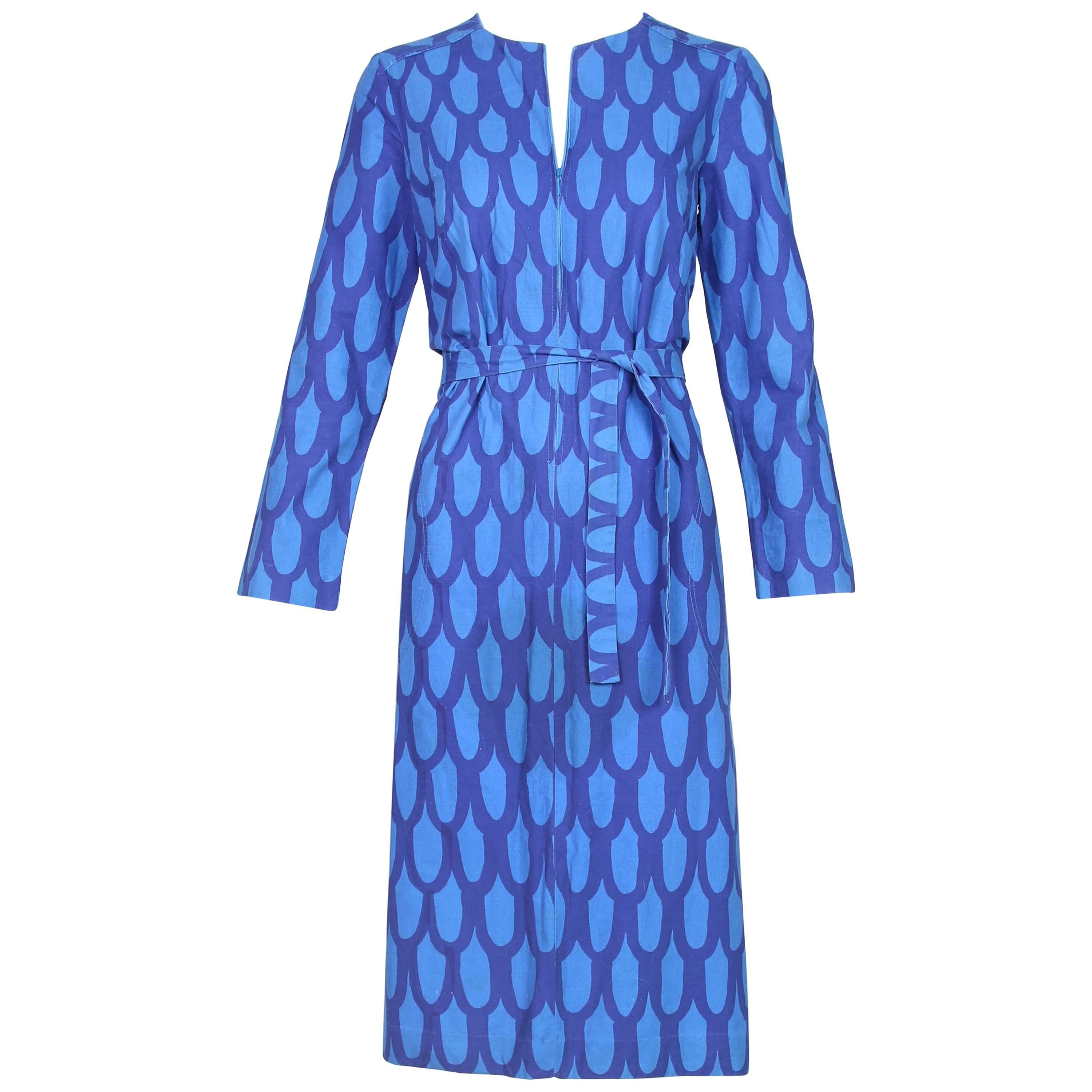 1970's Marimekko Blue Cotton Printed Shift Day Dress w/Zip Up Front & Belt