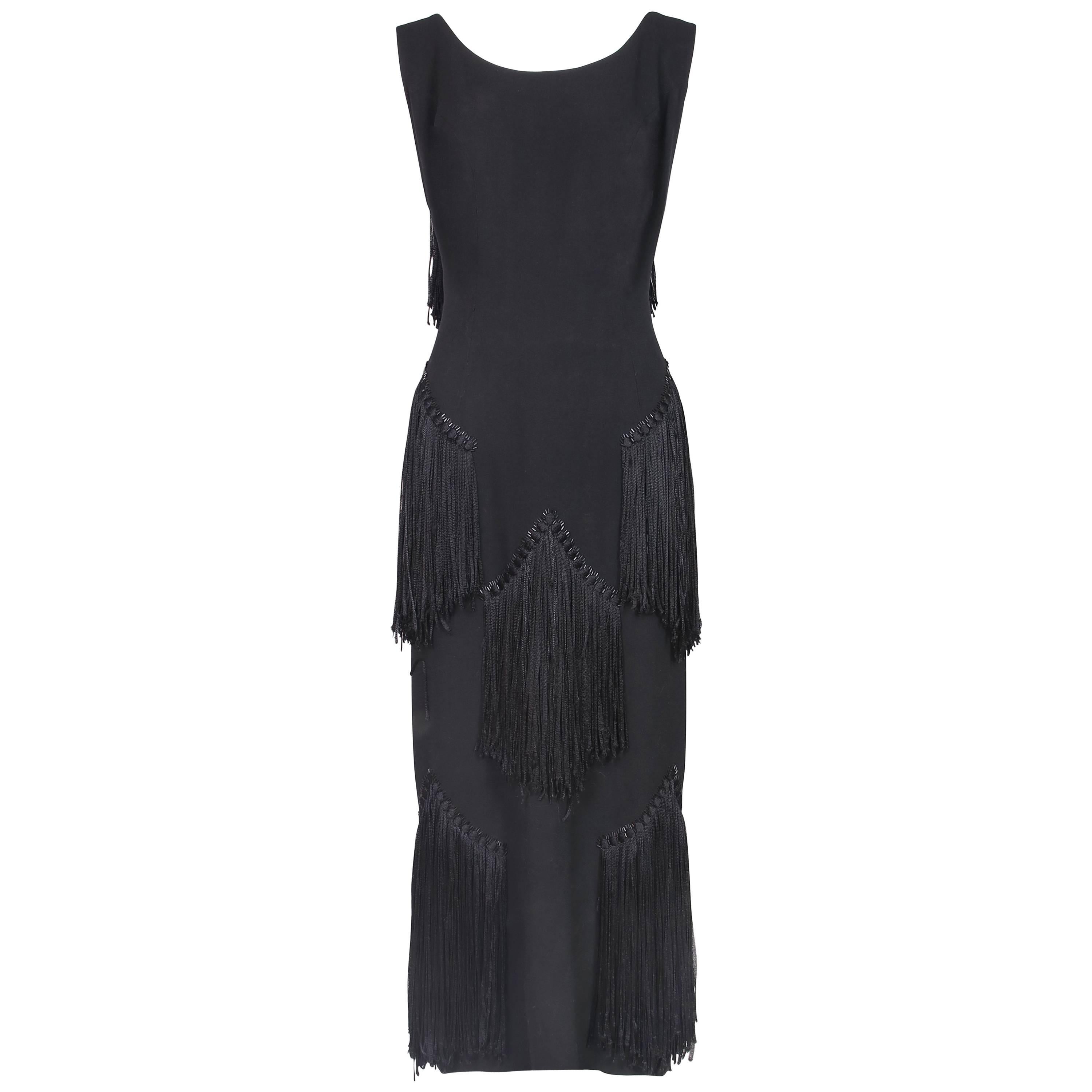1940's Worth Sleeveless Black Wool Crepe Dress 