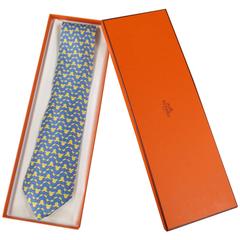 HERMES Blue & Yellow Print Silk Tie With Box