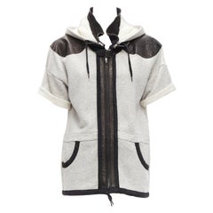 ISABEL MARANT black lambskin leather trim grey cotton hooded jacket Sz.1 S