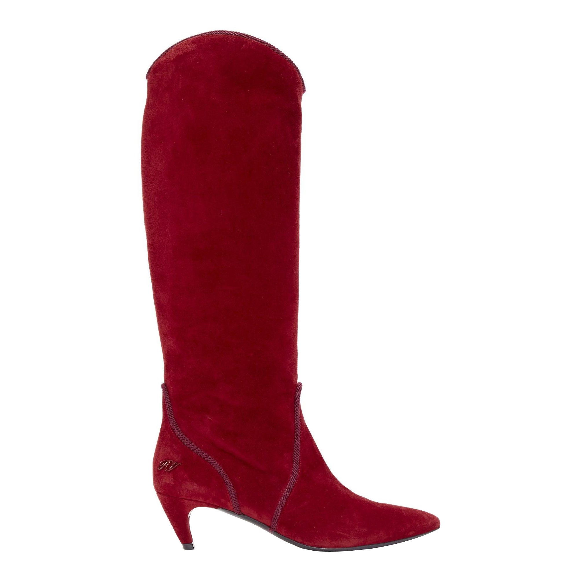 ROGER VIVIER red suede purple piping RV charm kitten heel cowboy boot EU37.5 For Sale