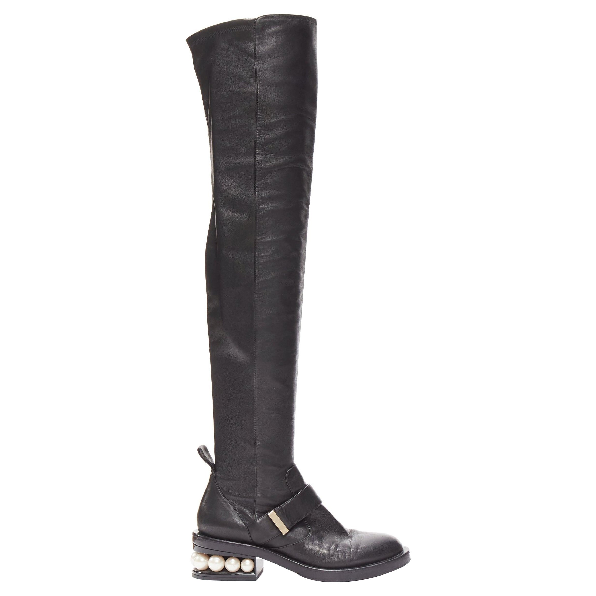 NICOLAS KIRKWOOD black XL pearl embellished heel knee high flat boots EU37.5 For Sale