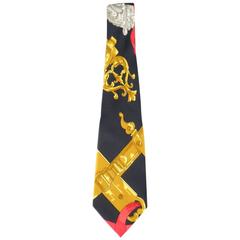 HERMES Black Red & Gold Ornate Boroque Print Silk Tie
