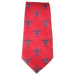 Men's HERMES Red & Blue Medieval Warrior Print Silk Tie
