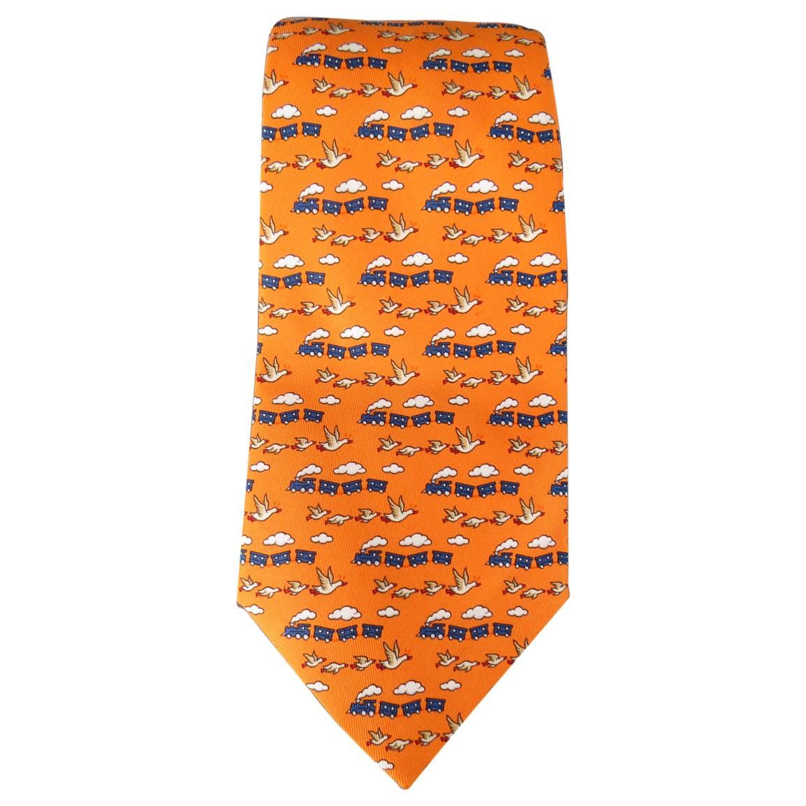 HERMES Orange & Navy Birds & Trains Print Silk Tie
