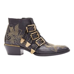 Used CHLOE Susanna black gold micro stud floral embellished buckle ankle boot EU37