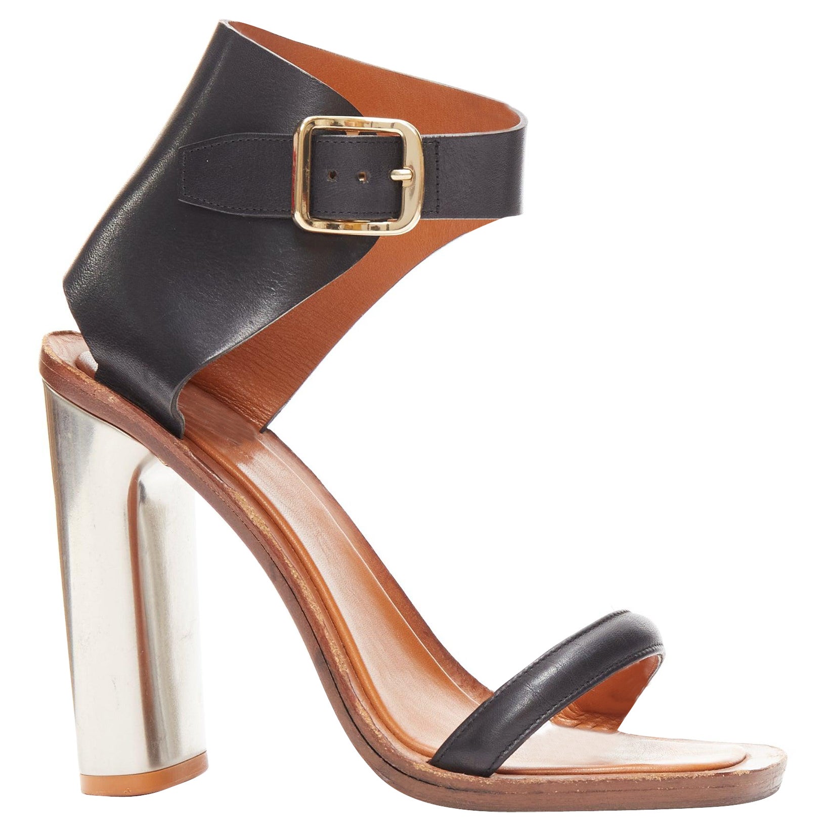 CELINE Phoebe Philo Bam Bam black open toe silver metal block heel sandal EU37 For Sale