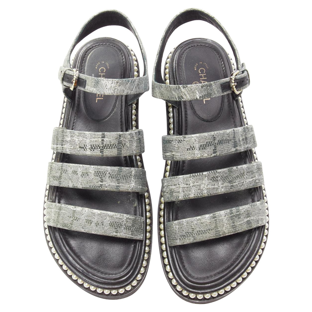 CHANEL metallic grey metallic jacquard pearl embellished dad sandals EU38 For Sale