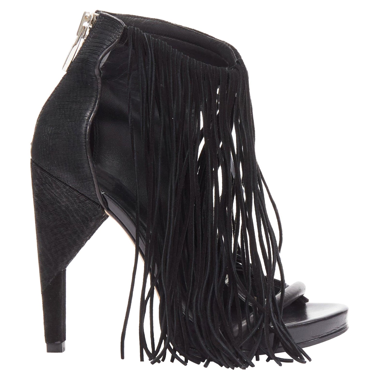 ALEXANDER WANG Dree black suede fringe embossed angular heel sandal EU37 For Sale