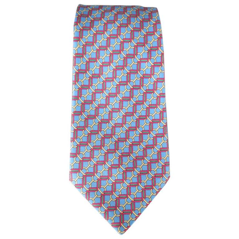 Men's HERMES Blue Gold Chain Red and Green Striped Print Silk Tie at ...