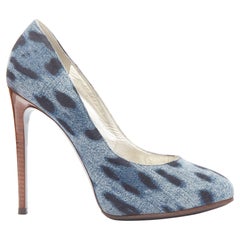 DOLCE GABBANA black blue leopard spot print denim wood heel pump EU37