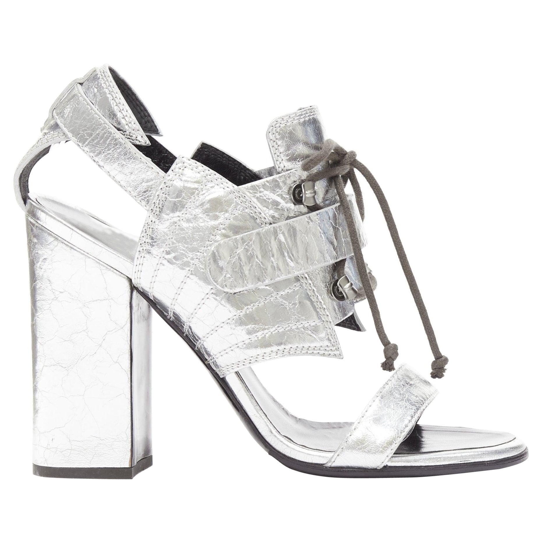 PROENZA SCHOULDER crinkled metallic silver leather laced block heel sandal EU37 For Sale