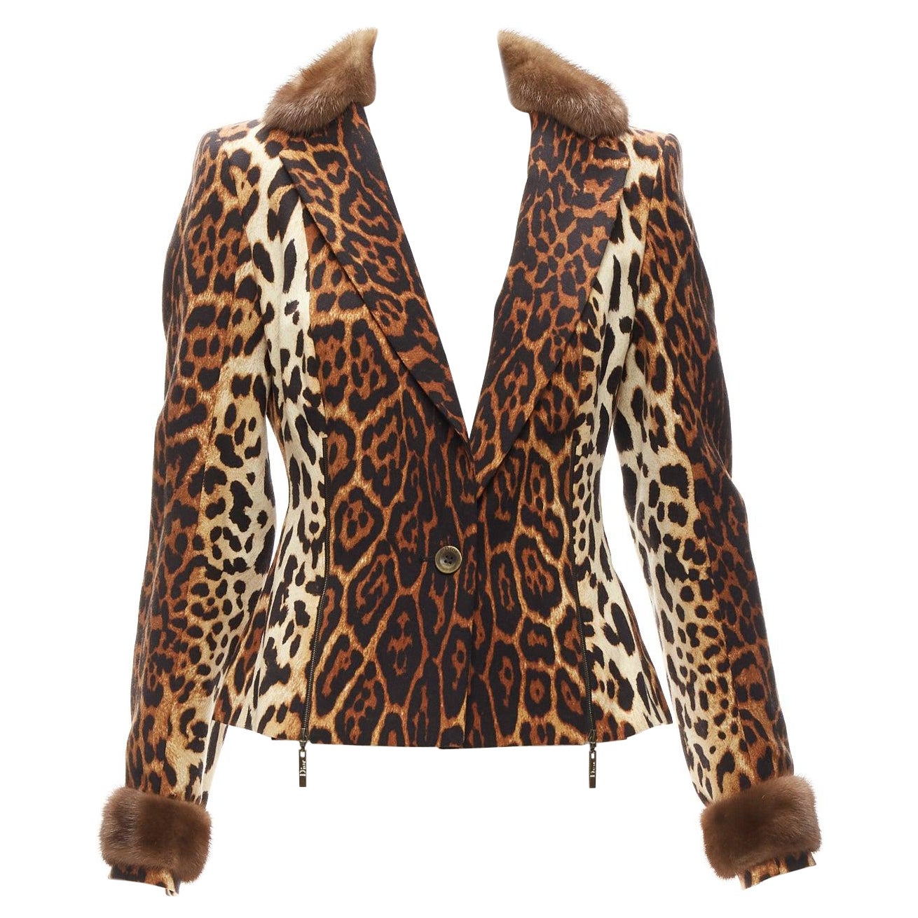 CHRISTIAN DIOR Vintage Leopard Wolle Pelzbesatz Reißverschlussdetail Jacke FR42 XL im Angebot