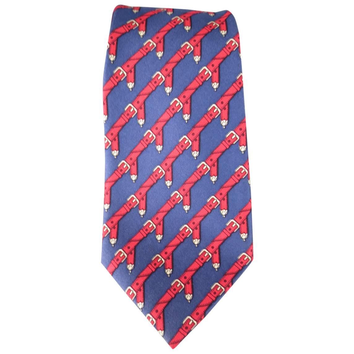 Men's HERMES Navy & Red Belt Print Pattern Silk Tie