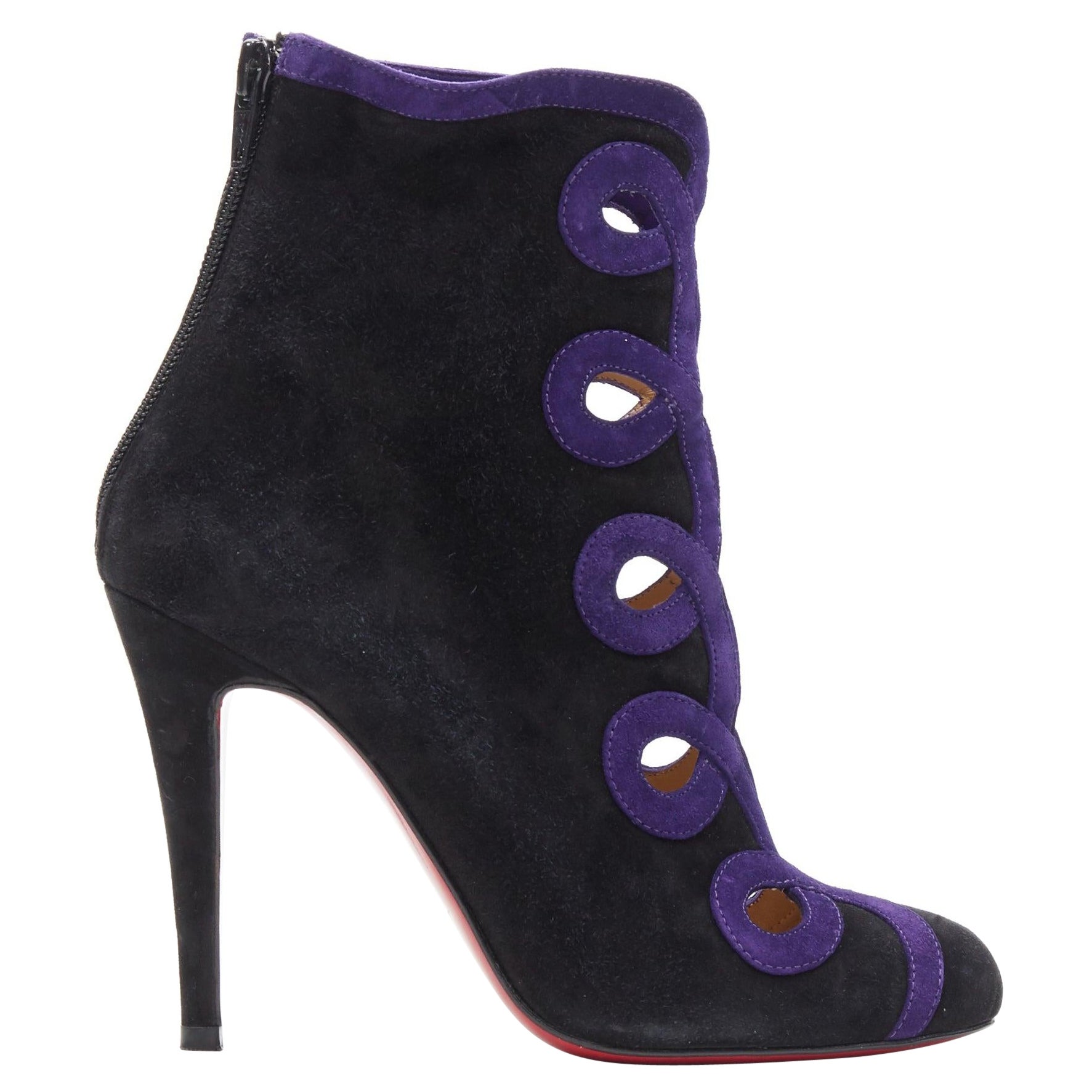 CHRISTIAN LOUBOUTIN black suede purple swirl cut out high heel ankle bootie EU36 For Sale