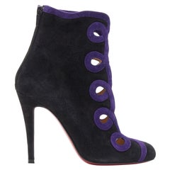 CHRISTIAN LOUBOUTIN black suede purple swirl cut out high heel ankle bootie EU36