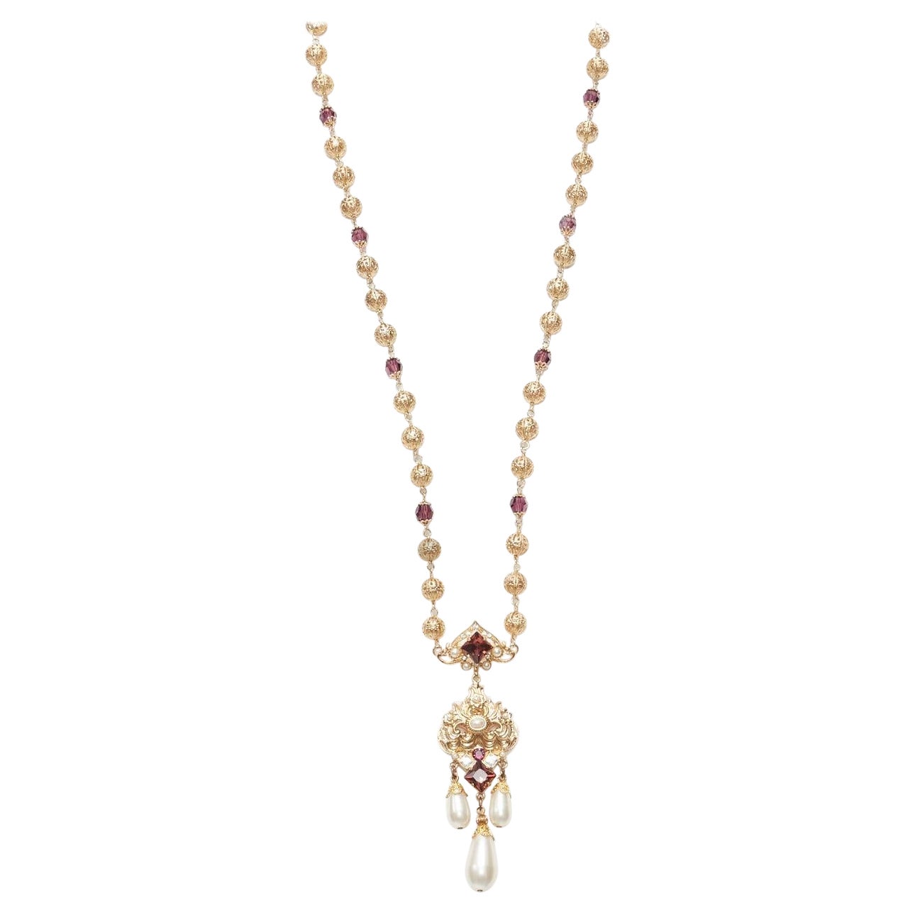 rare DOLCE GABBANA gold tone sapphire rhinestone pearl pendent filigree necklace For Sale