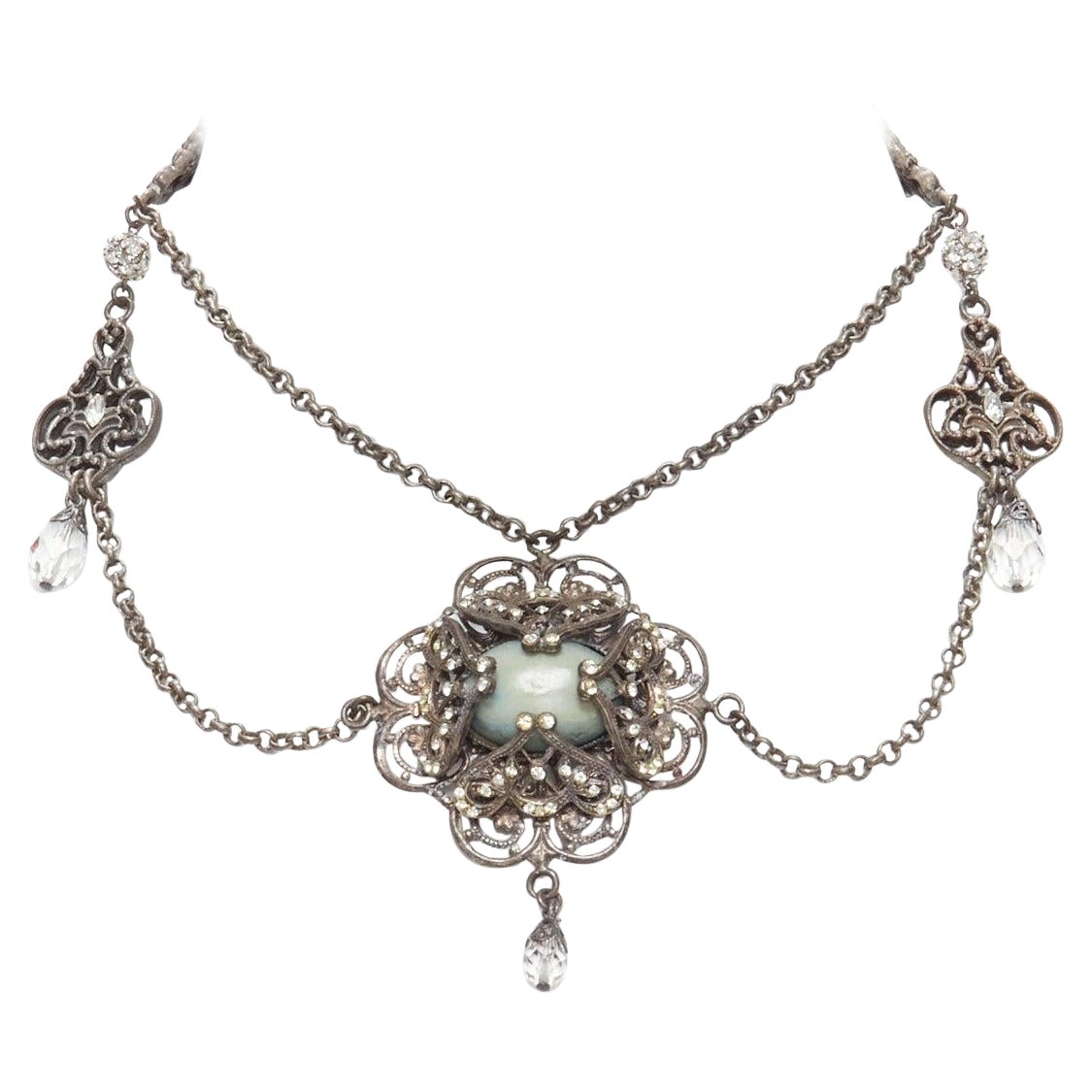 DOLCE GABBANA distressed baroque opal rhinestone crystal chandelier necklace For Sale