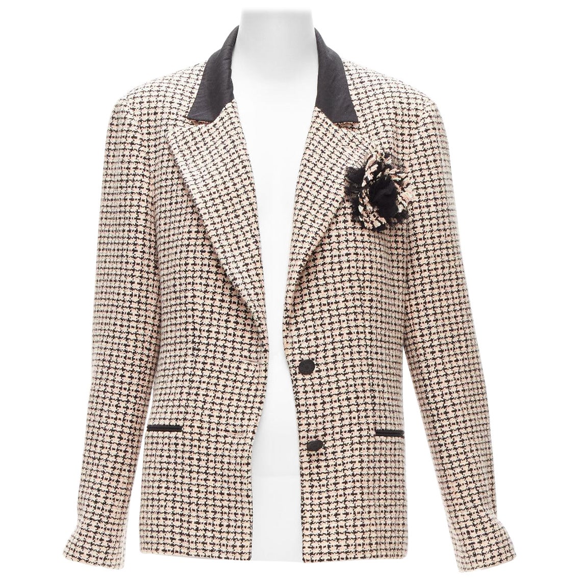 CHANEL Karl 02P pink black tweed Camellia brooch blazer jacket FR46 XXL For Sale