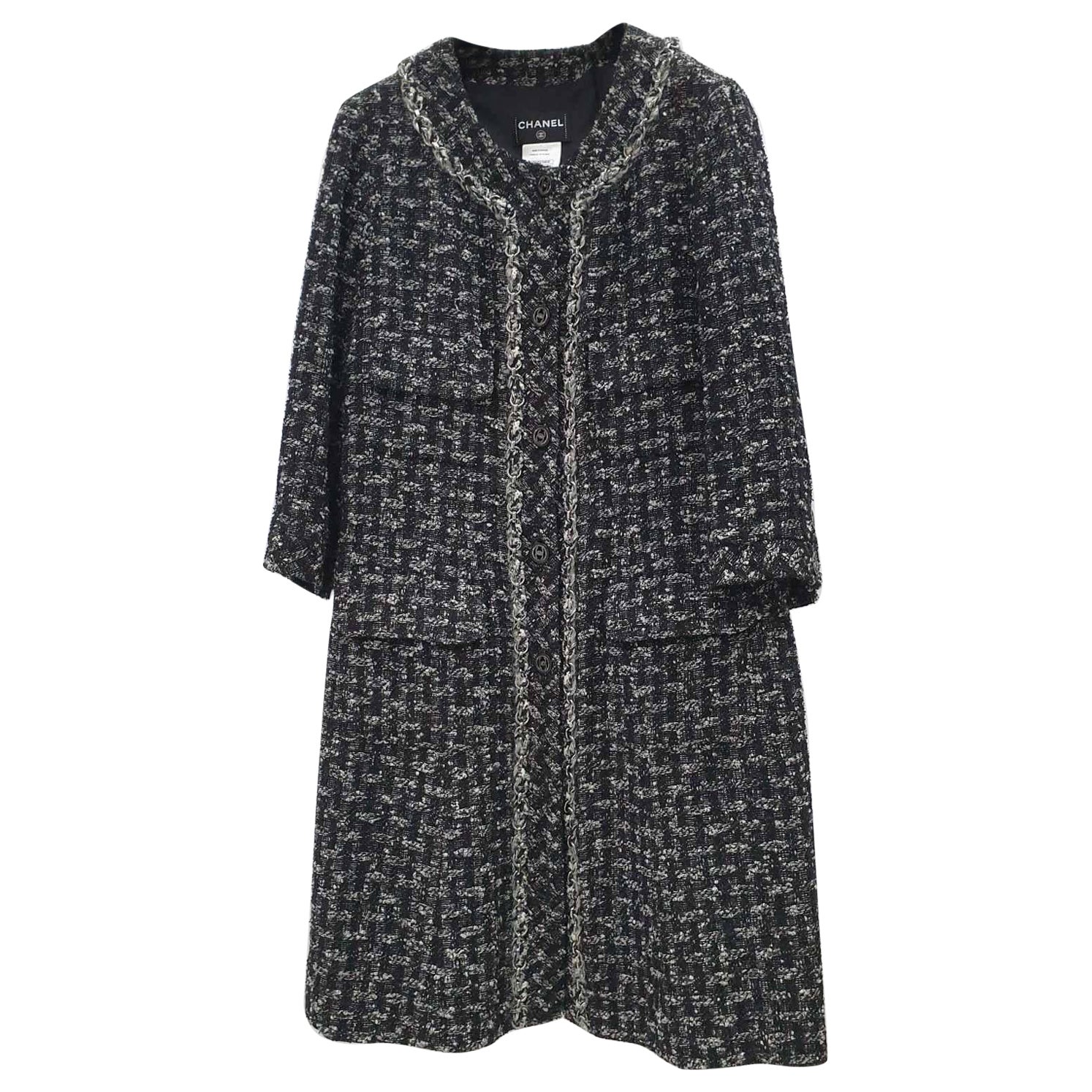 CHANEL 13A Black Grey Chain Trim Tweed Coat Jacket Dress Top  For Sale