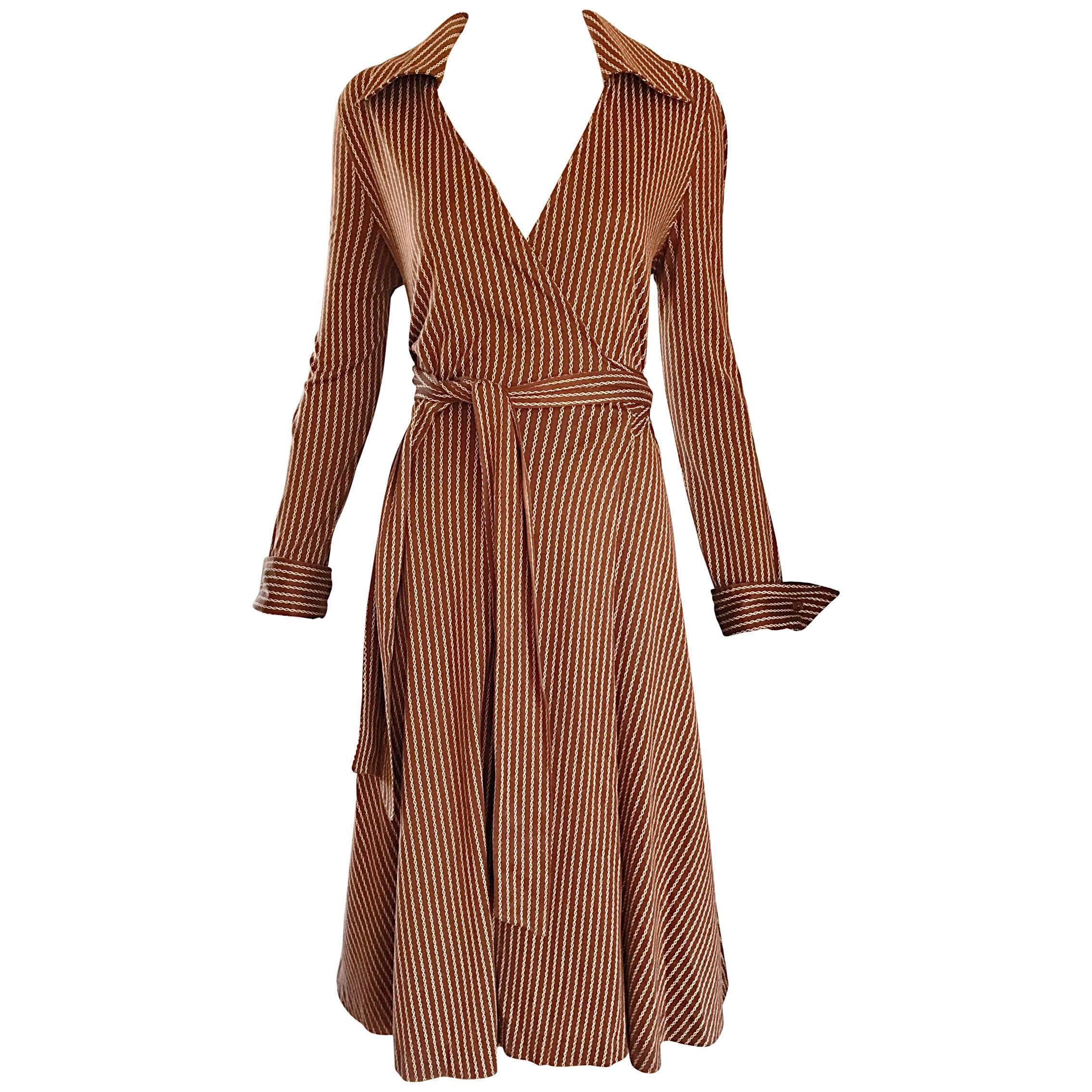 1970s Diane Von Furstenberg Vintage Sz 14 Brown + Ivory Striped Wrap Shirt Dress