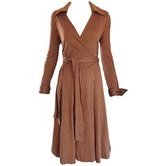 1970s Diane Von Furstenberg Retro Sz 14 Brown + Ivory Striped Wrap Shirt Dress