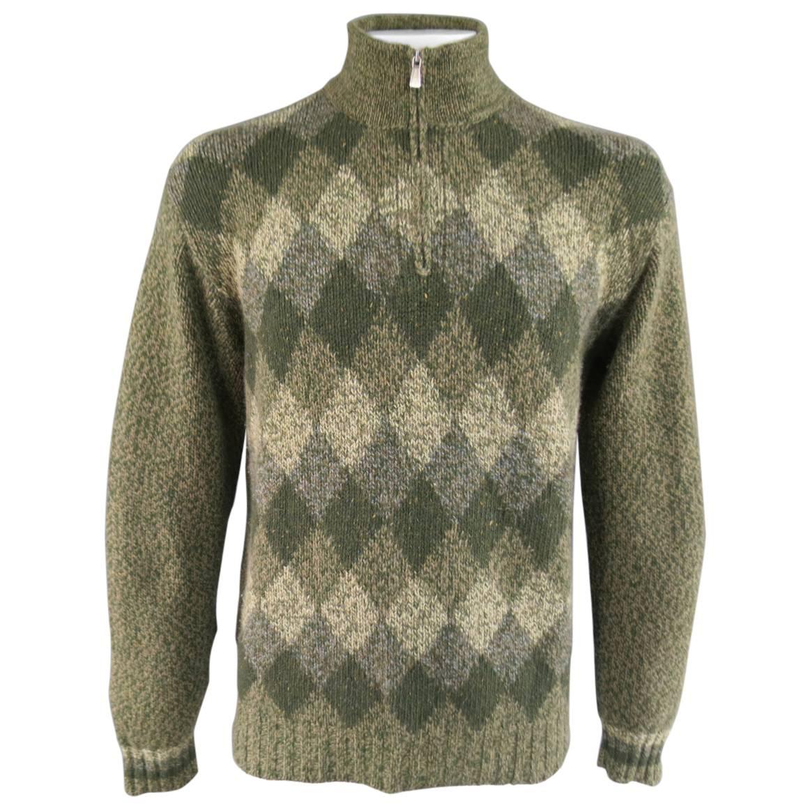 Men's LORO PIANA Size L Green Olive & Beige Argyle Cashmere Half Zip Sweater