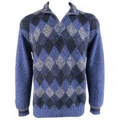 Men's LORO PIANA Size XL Blue Gray & Navy Argyle Cashmere Half Zip Sweater