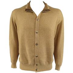 Men's LORO PIANA Size XL Tan Cashmere Suede Trim Mock Neck Cardigan