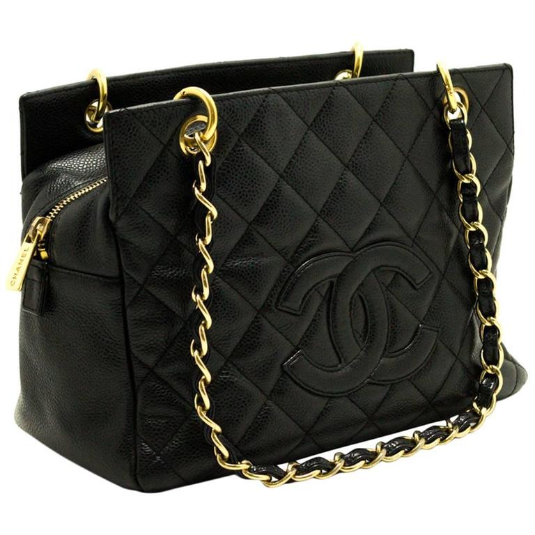 CHANEL Caviar Small Shopping Tote Bag Chain Shoulder Black Quilted For Sale at 1stdibs