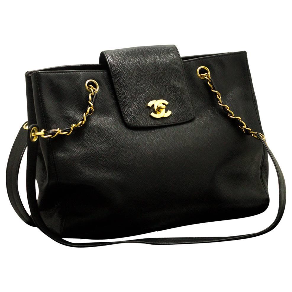 CHANEL Caviar Large Chain Shoulder Bag Black Leather Gold Hardware For ...