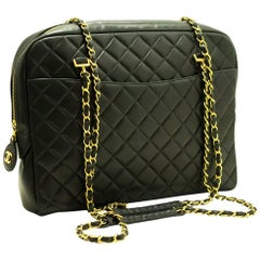 Vintage Chanel Large Chain Shoulder Bag Leather Black Quilted Lambskin 