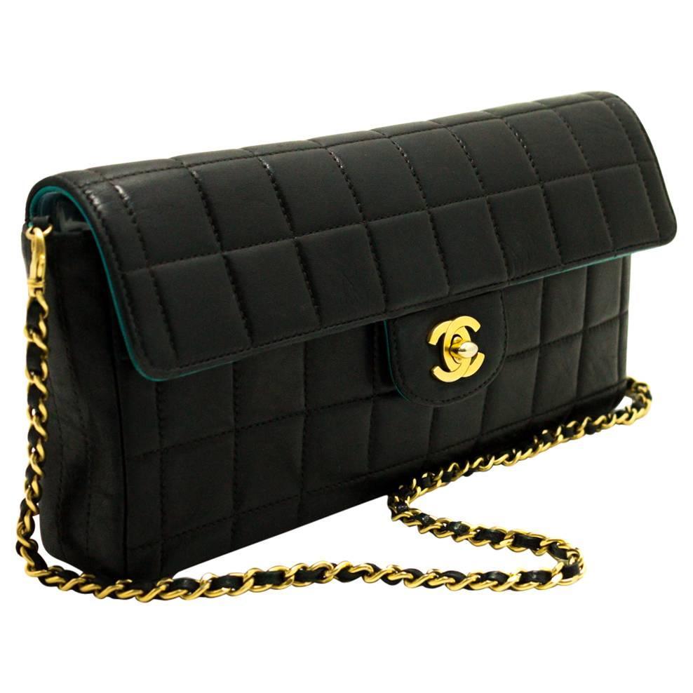 CHANEL Chocolate Bar Gold Chain Shoulder Bag Clutch Black Quilted For Sale at 1stdibs