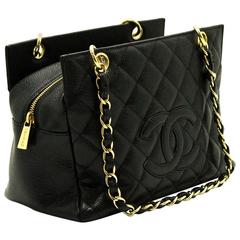 CHANEL Caviar Small Shopping Tote Bag Chain Shoulder Black Quilted 