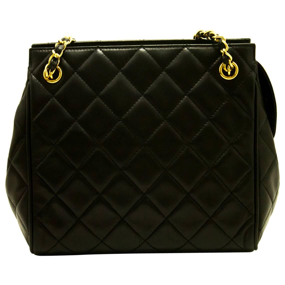 CHANEL Double Chain Shoulder Bag Black Quilted Lambskin Leather 