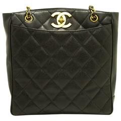 CHANEL Caviar Gold Chain Shoulder Bag Black Quilted Leather CC 8
