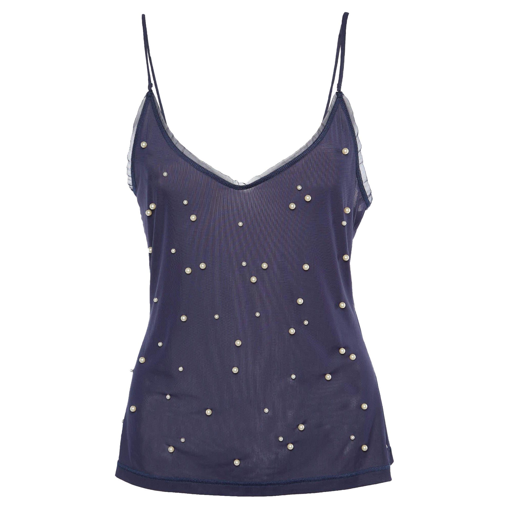 Chanel Navy Blue Pearl Embellished Jersey Camisole Top M For Sale