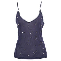 Chanel Navy Blue Pearl Embellished Jersey Camisole Top M