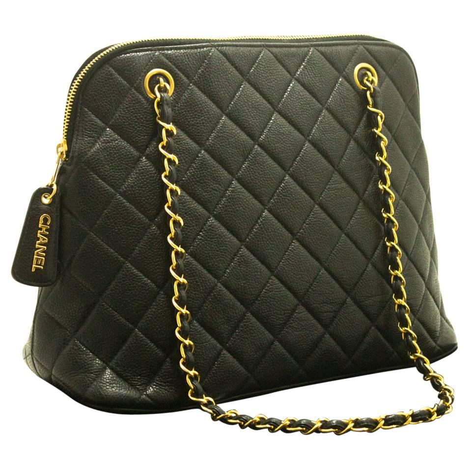 CHANEL Caviar Double Chain Shoulder Bag Black Quilted Zippered 
