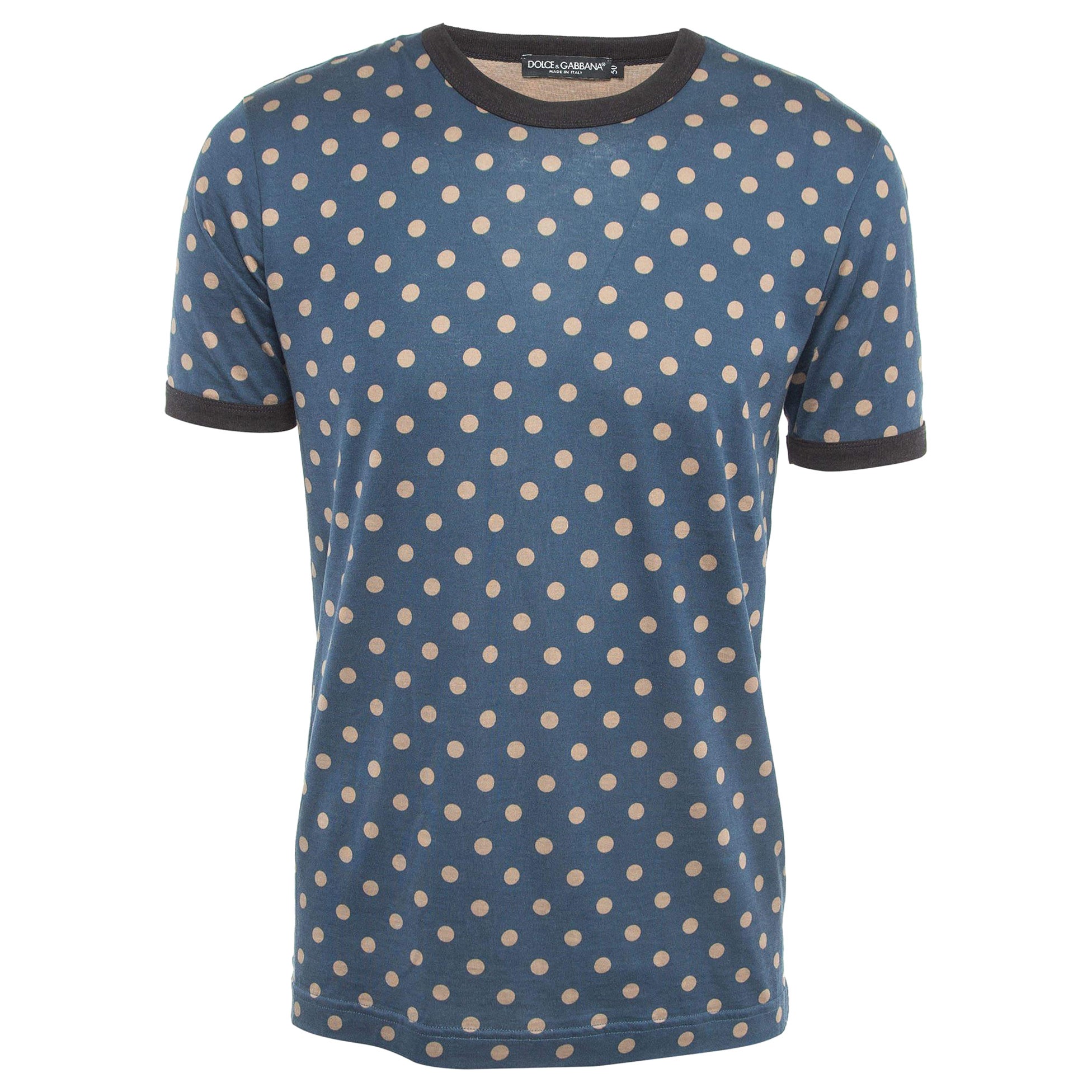 Dolce & Gabbana Blue Dotted Cotton Half Sleeve T-Shirt L For Sale