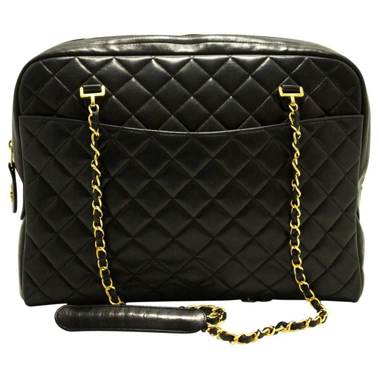 CHANEL Large Chain Shoulder Bag Black Quilted Lambskin Zippered For Sale at 1stdibs