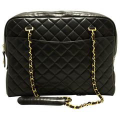 CHANEL Large Chain Shoulder Bag Black Quilted Lambskin Zippered 8