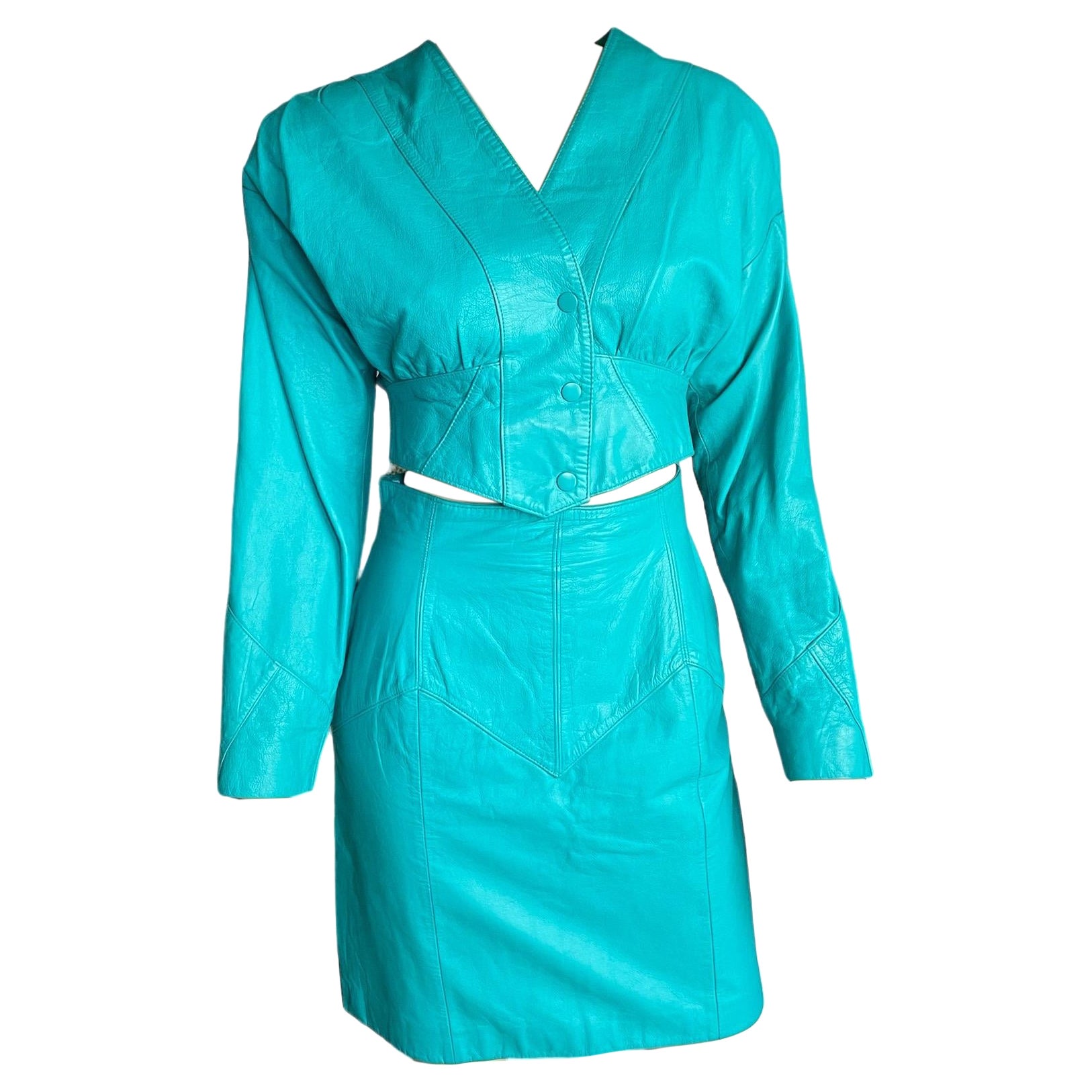 1980s Teal Leather Cropped Jacket and Skirt Set  For Sale
